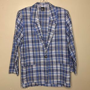VINTAGE Blazer Blue Plaid LINEN Blend 80’s Long Boxy Single Breasted 9/10